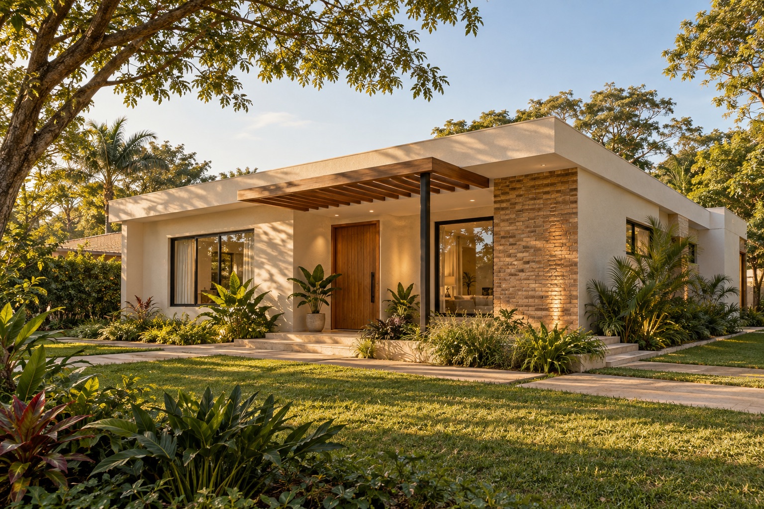 Concepto arquitectónico de una casa de una planta, con jardín, galería y materiales cálidos